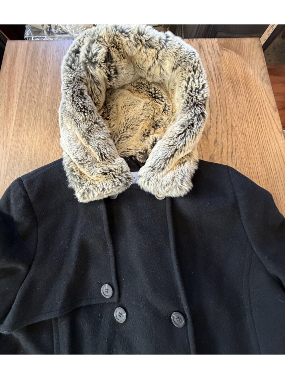 Calvin Klein Womens 12 Black 100% Wool Maxi Coat Fur Hood Double Breasted Warm